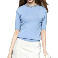 Latest design women autumn clothing blue half sleeve knit t shirt summer knitted top thin pearl sweater
